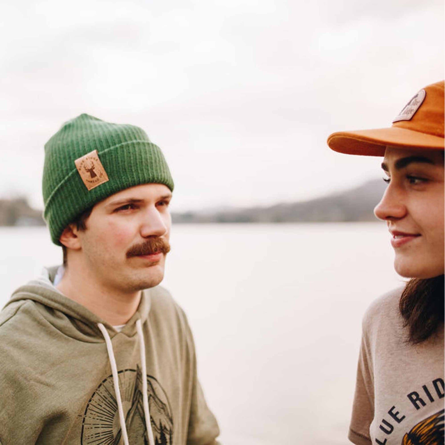 Organic Cotton Beanie Elk Green & 5 Panel Bear Brushed Cotton Camp Cap Orange