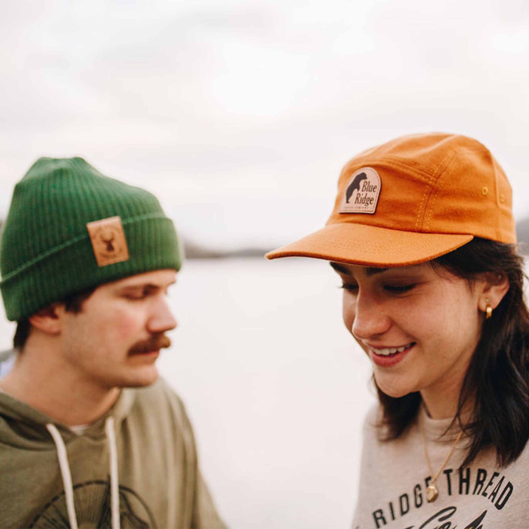 Organic Cotton Beanie Elk Green & 5 Panel Bear Brushed Cotton Camp Cap Orange