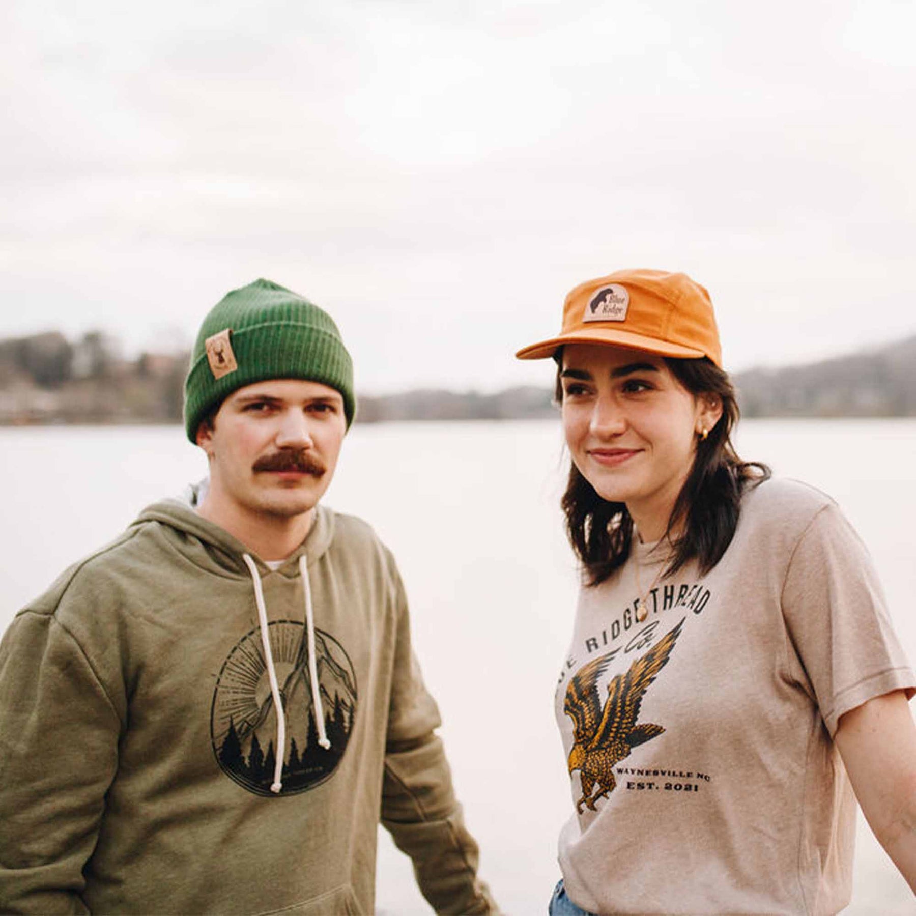 Organic Cotton Beanie Elk Green & 5 Panel Bear Brushed Cotton Camp Cap Orange