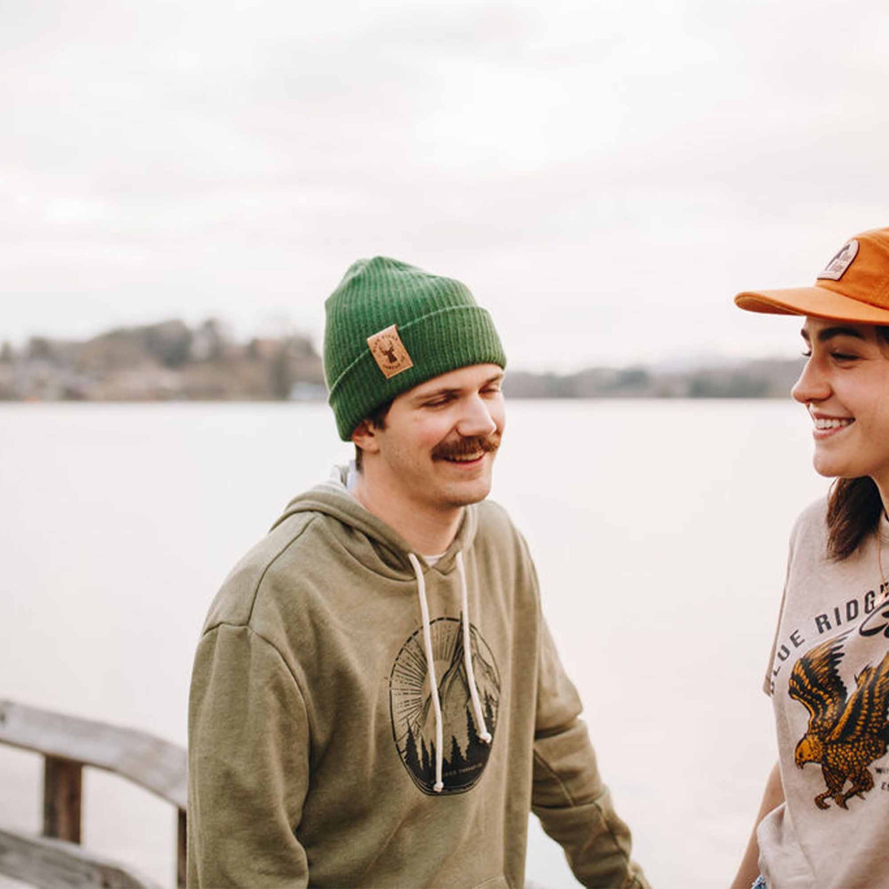 Organic Cotton Beanie Elk Green & 5 Panel Bear Brushed Cotton Camp Cap Orange