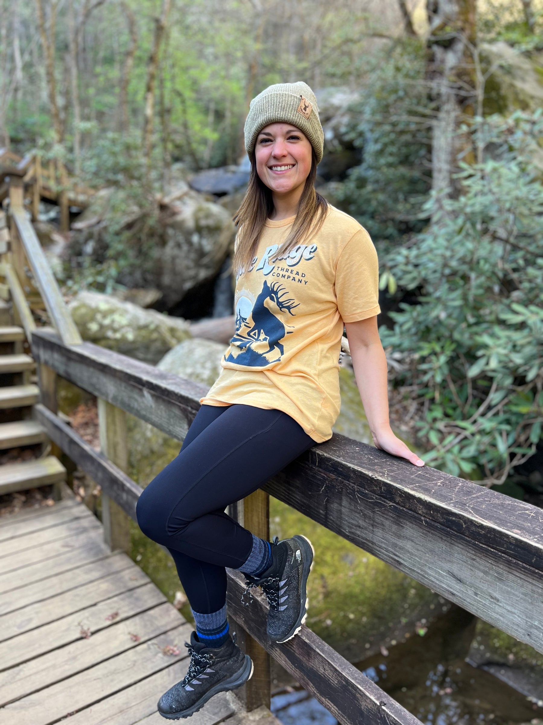 The Bull & Mountain T-shirt in maize with Eco-Friendly 100% Merino Wool Elk Beanie in Olive - super soft eco-friendly shirt hiking, outdoors, Waynesville, elk
