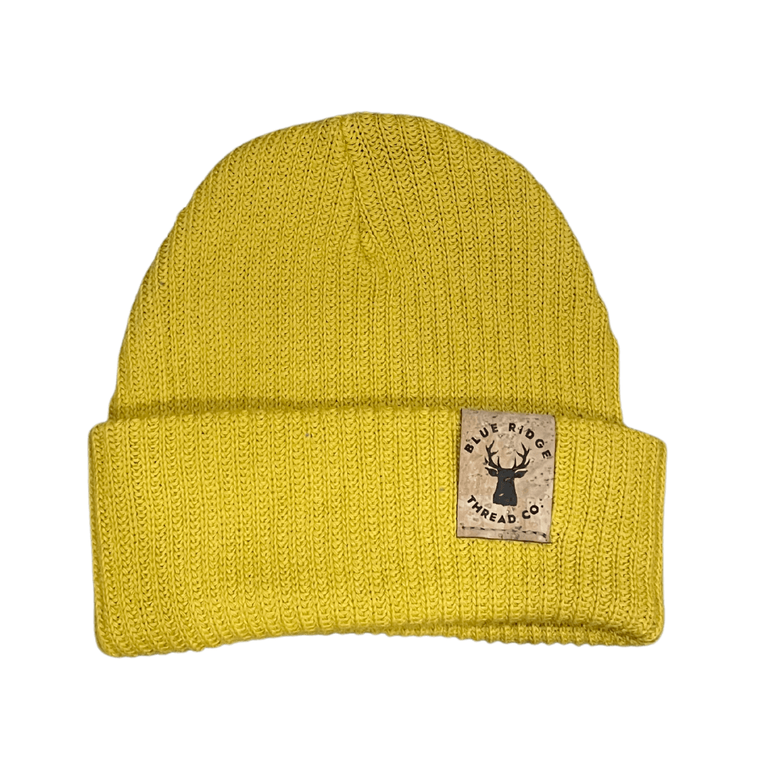 Eco friendly 100% organic cotton beanie in yellow elk cork leather tag