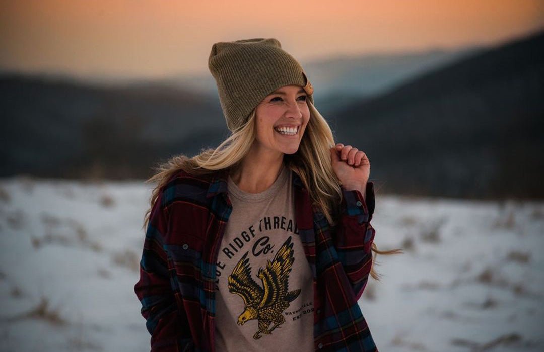 The Eagle T-shirt in tan with Eco-Friendly 100% Merino Wool Olive Beanie - super soft eco-friendly shirt hiking, outdoors, Waynesville