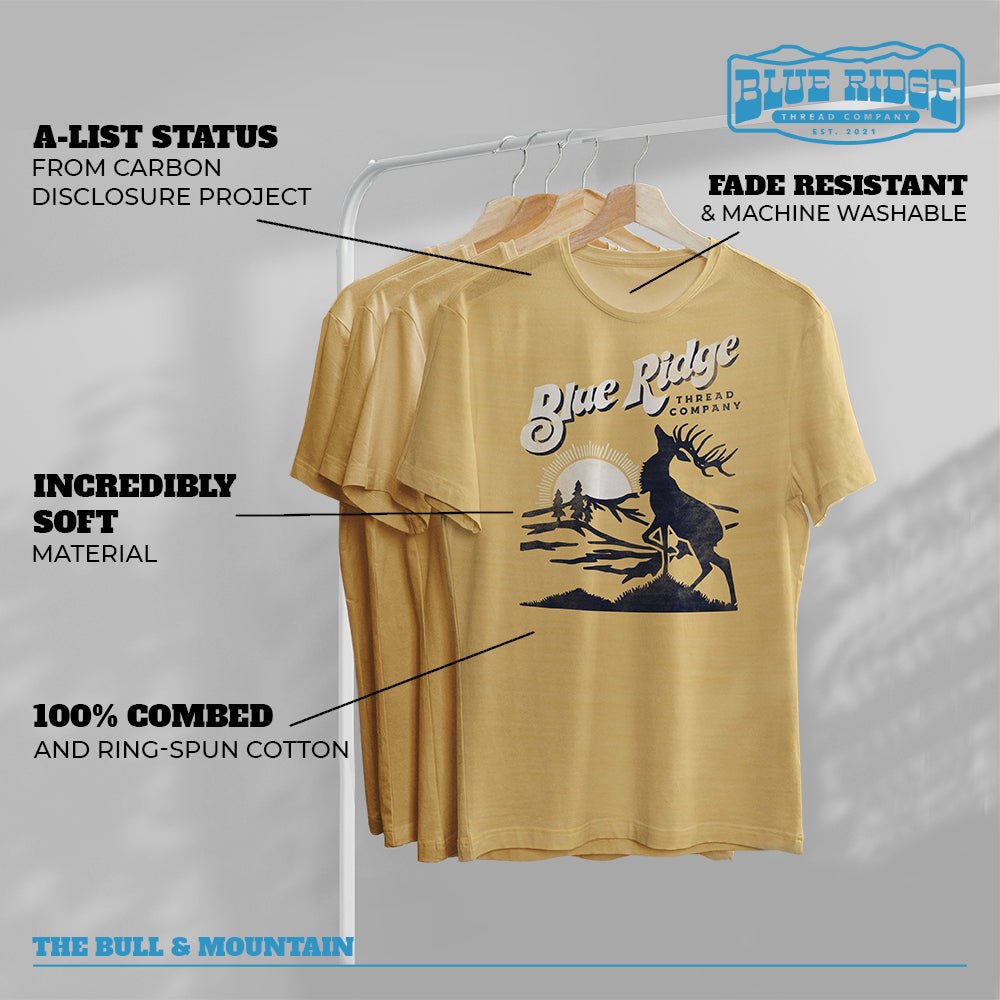 The Bull & Mountain T-shirt care and features - super soft eco-friendly shirt hiking, outdoors, Waynesville, elk