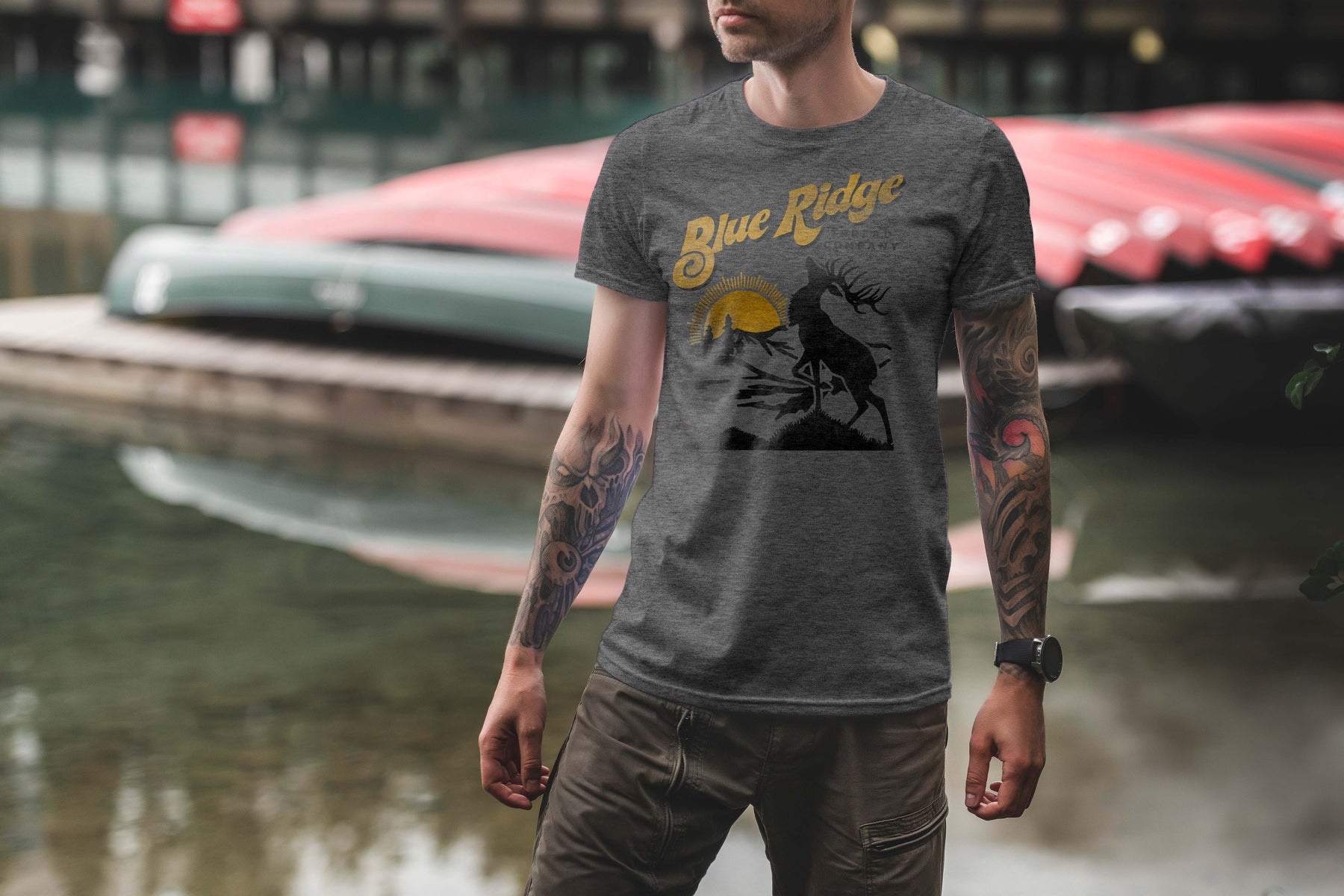 The Bull & Mountain T-shirt in grey - super soft eco-friendly shirt hiking, outdoors, Waynesville, elk