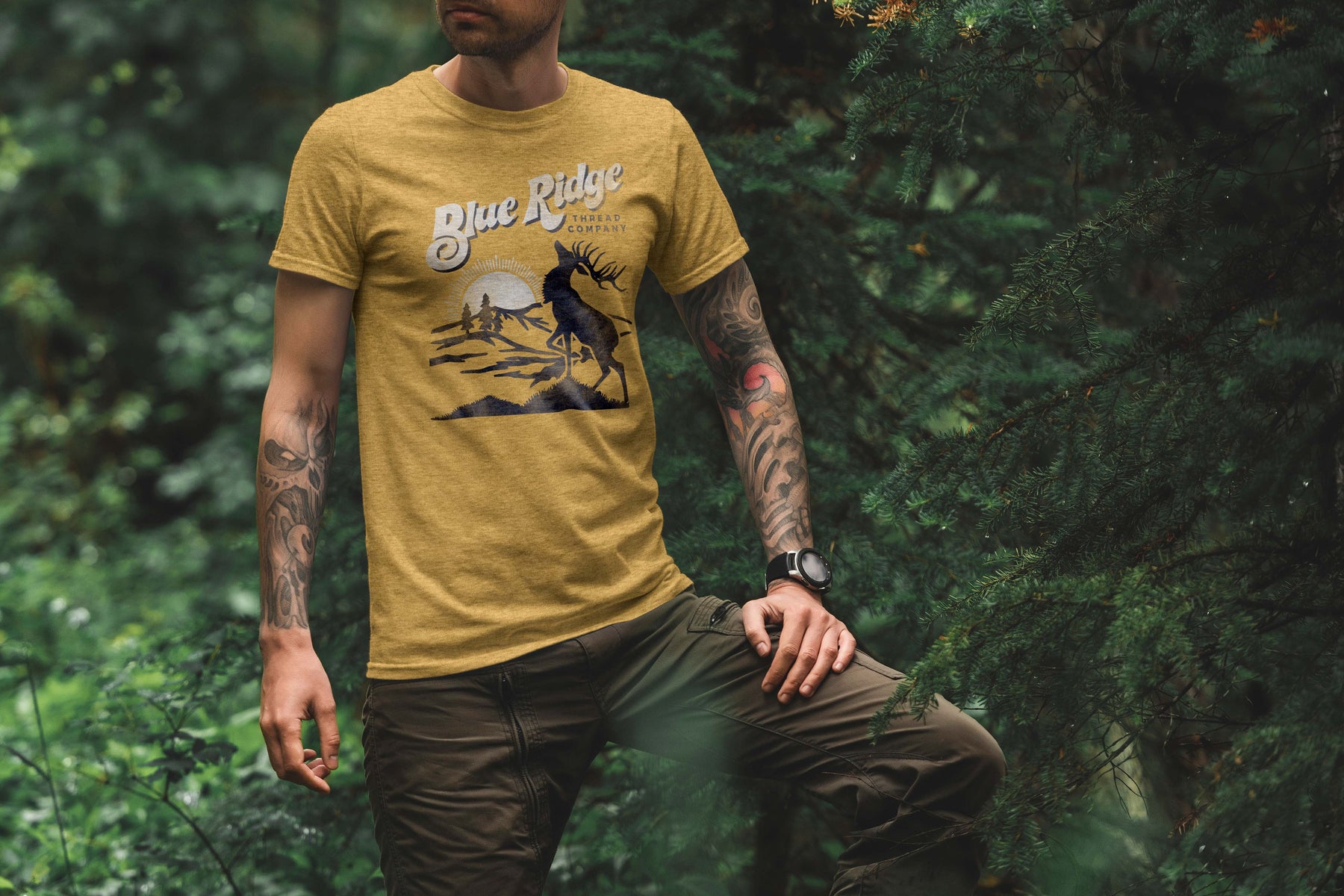 The Bull & Mountain T-shirt in maize - super soft eco-friendly shirt hiking, outdoors, Waynesville, elk, mountains