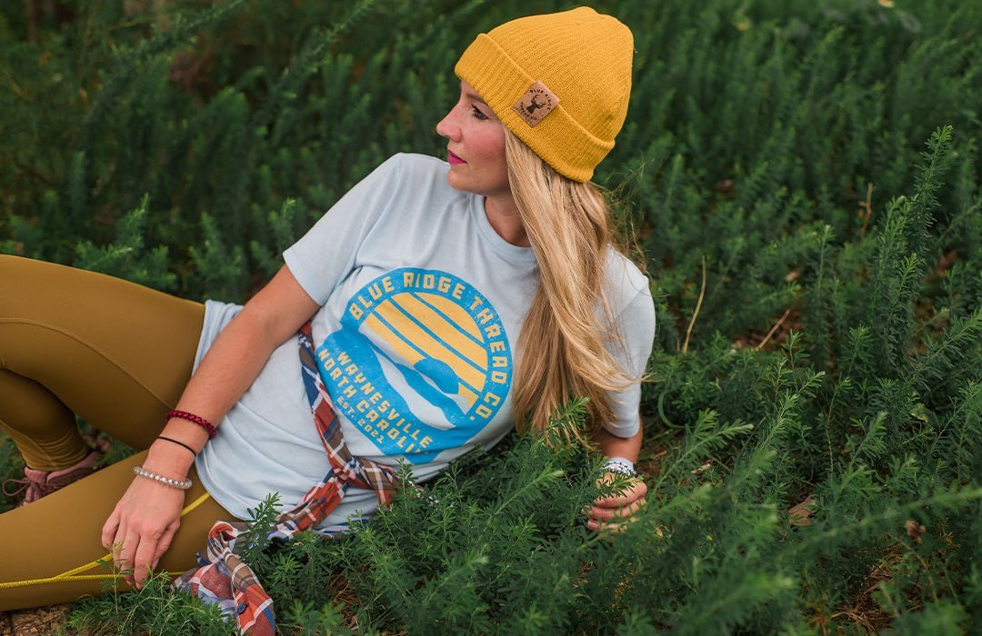 Eco friendly tshirts and beanies inspired by the Blue Ridge Mountains