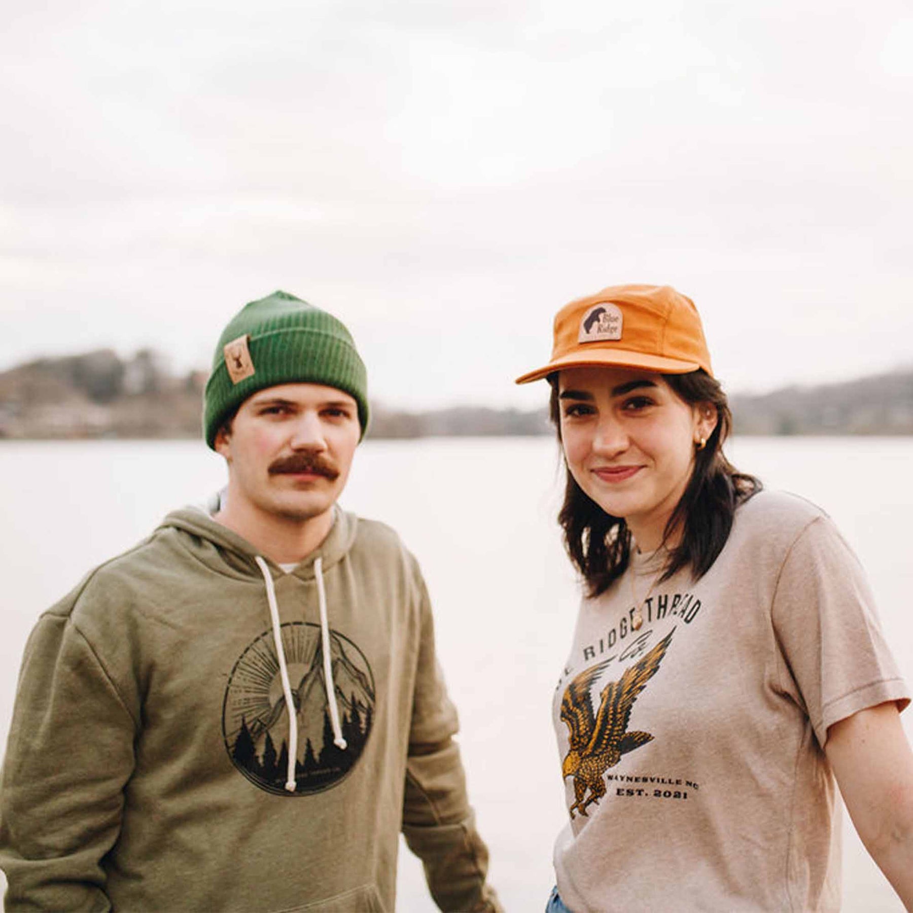 The Bear 5 Panel Brushed Cotton Orange Hat and The Elk Organic Cotton Beanie Green