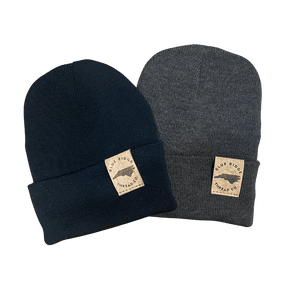 Eco friendly 100% merino wool watchcap beanie with elk cork leather tag in charcoal and black