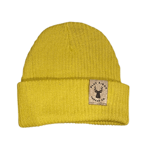 Eco friendly 100% organic cotton beanie in yellow elk cork leather tag