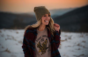 Eco friendly 100% merino wool beanie in the blue ridge mountains during winter