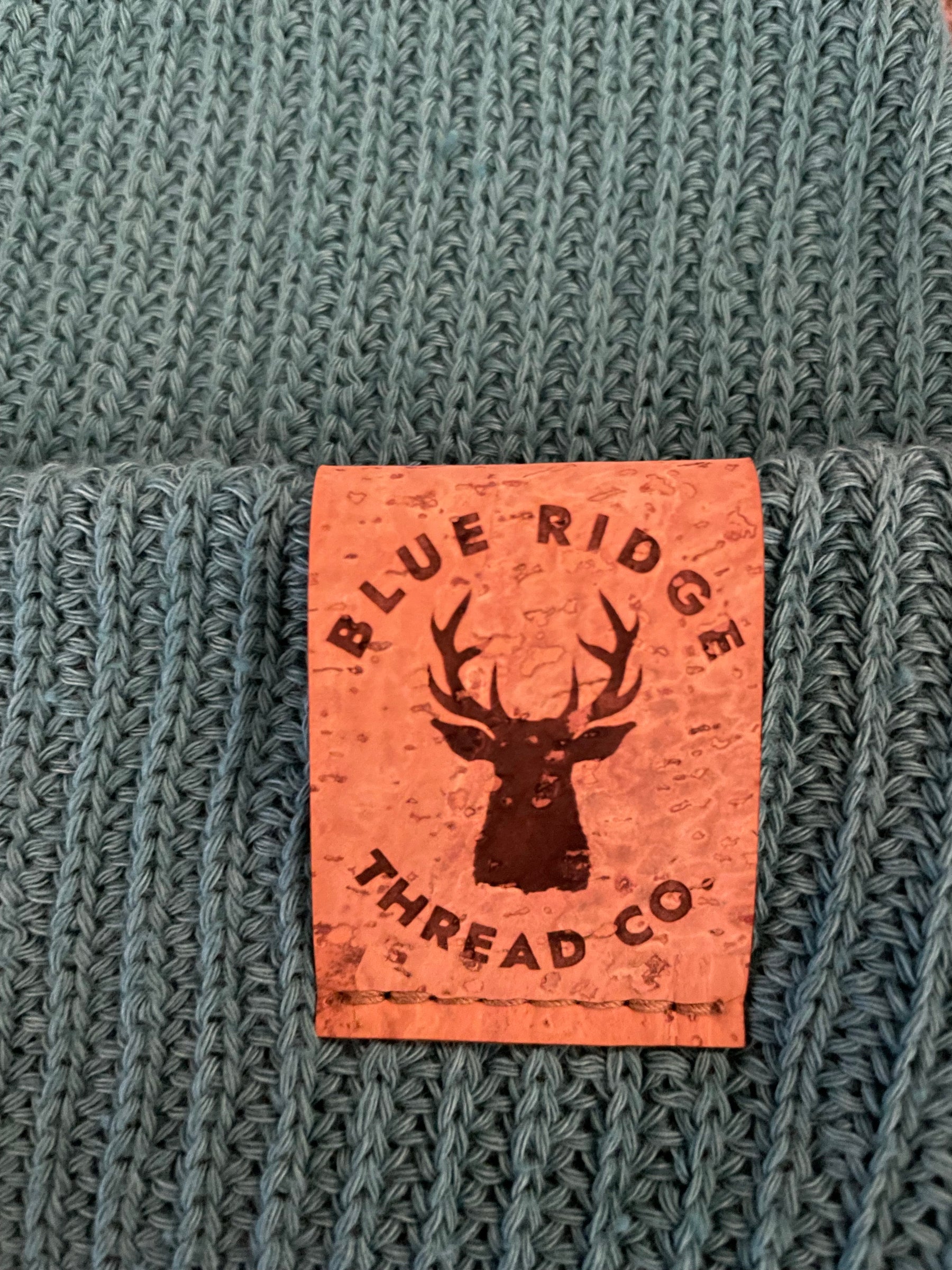 Eco friendly 100% organic cotton beanie elk cork leather tag on teal