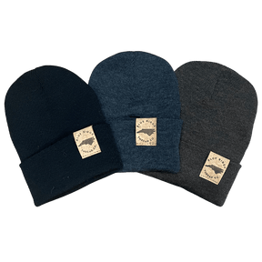 Eco friendly 100% merino wool watchcap beanie with elk cork leather tag available in charcoal, brown, and black