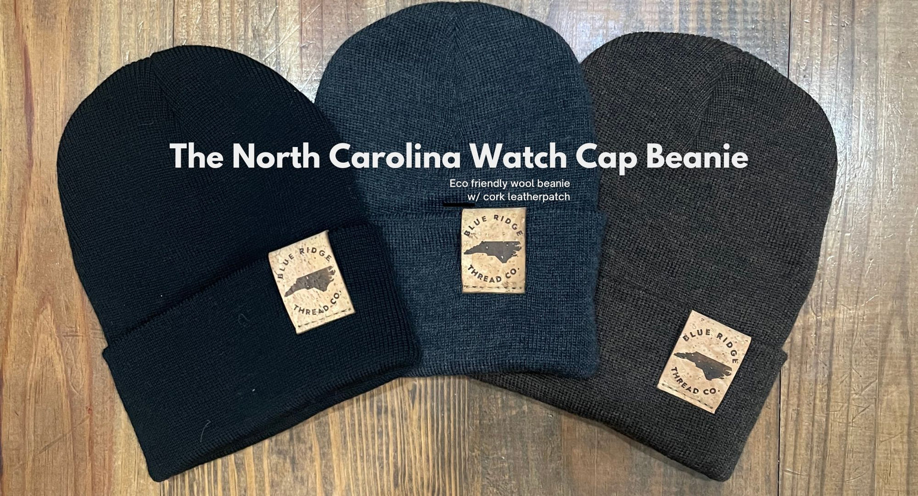 Eco friendly 100% merino wool watchcap beanie with elk cork leather tag in black, brown, and charcoal